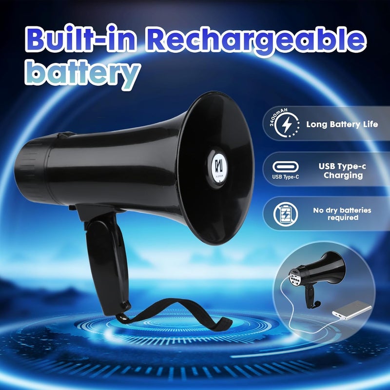 MGROLX 20 Watt Rechargeable Megaphone Bullhorn with Siren and 240s Recording, BT and USB Input, Megahone Speaker with Power Display and Portable Strap (Black) - Image 3